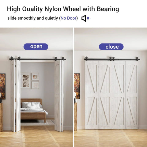 72-Inch Bi-Folding Sliding Barn Door Hardware Kit For Four Doors With Black Top Mount Track shown open and closed