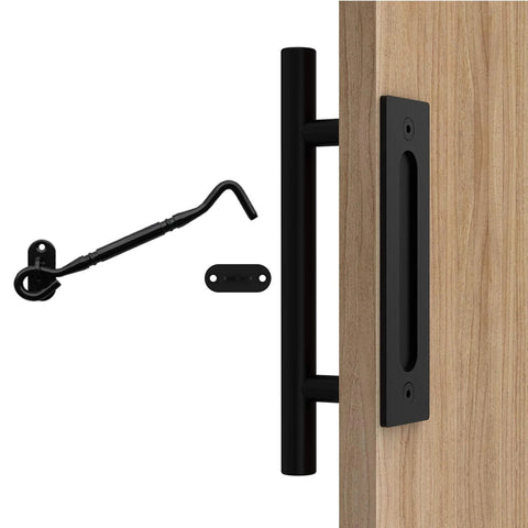 12 Inch Black Barn Door Handle With Latch Set, Heavy Duty Solid Carbon Steel Gate Pull, Round Handle, Rust-Resistant Powder Coat on wood door