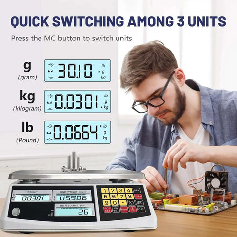 Man using Coin And Parts Counting Scale With Alarm For Coins And Small Parts, Heavy Duty Pro Grade Electronic Gram Scale on table.