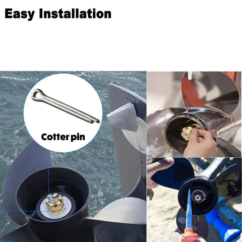 304 Stainless Steel Marine Propeller Cotter Pins Set For Suzuki Yamaha Johnson Evinrude Outboards 12 Piece Pack Compatible With 25HP Through 300HP Motors Reliable Marine Hardware For Quick Pin Replacement installation shown on propellers with close-up of pin in use