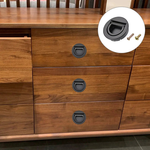 Flush Ring Pull Handles Set Of 3 In Black 35mm 1.38 Inch Zinc Alloy Flush Pull Latch installed on wooden drawers