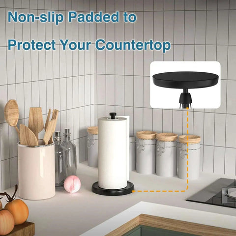 One Hand Tear Paper Towel Holder For Countertop Black Stainless Steel With Weighted Base displayed in kitchen setting
