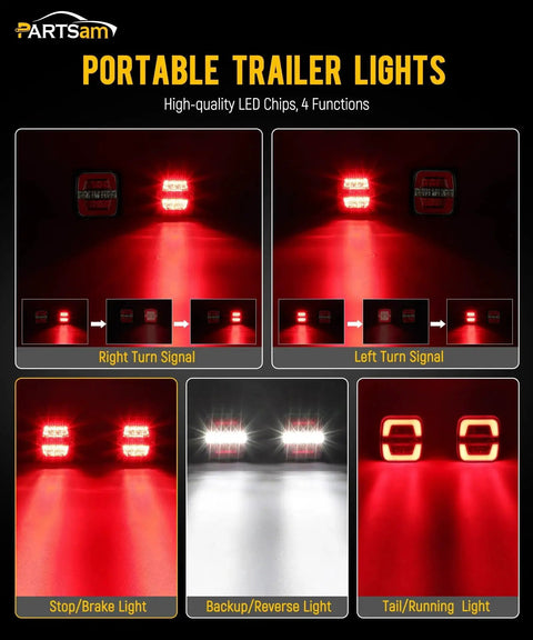 Wireless Magnetic Trailer Light Kit With 26 LEDs for tow trucks and trailers, showing various lighting functions.