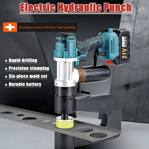 Cordless Hydraulic Hole Punch For Metal Two Battery Power 150 Millimeter Throat Depth Beefy Heavy Duty Sheet Metal Punch 5 Second Punch Time Portable Electric Puncher With 6 Dies, shown punching sheet metal.