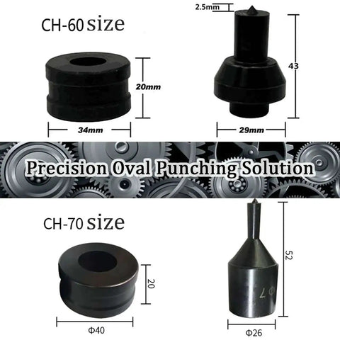 Square Hole Punch Die Set For CH-70 Hydraulic Punching, component sizes for CH-60 and CH-70, showing precision metal tools.