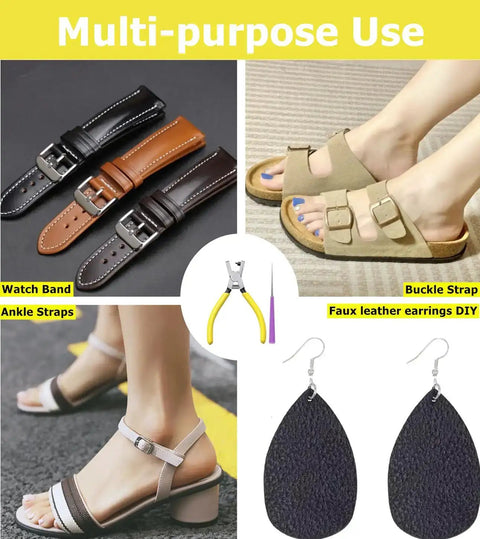 Various uses of 5 Inch Ergonomic Hole Punch Pliers 2Mm Round Hole Punch Tool for thin leather, including watch bands and faux leather crafts.