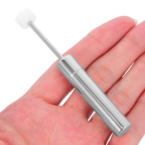 Quiet Close Trash Can Lid Damper Kit 6 Pack 55 to 59 Newtons Hydraulic Soft Close Mechanism showing durable nickel-plated design on a hand