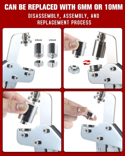 Disassembly of Pro Grade Grommet Kit With Hammer And Bag Includes 200 10mm And 300 6mm Grommets shown in steps