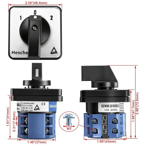 Universal Rotary Cam Selector Changeover Switch SZW26 20 D2022 with dimensions and 3-position, 2-phase, 8 terminals layout