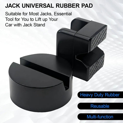 Universal Rubber Jack Stand Pads And Adapters For Pinch Weld Frame Rails 4 Pack, black rubber adapters shown