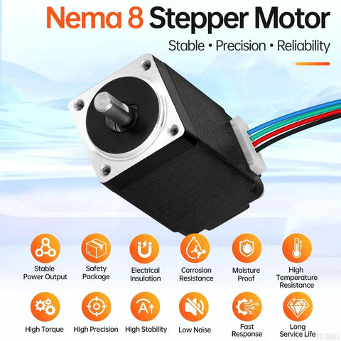 High Torque Nema 8 Stepper Motor with 2 Phase 1.8 Degree Bipolar design, 2.8Ncm torque, showing connection wires