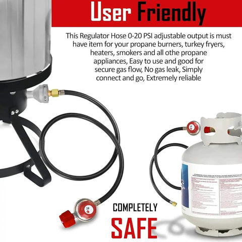4 Ft High Pressure Propane Regulator Hose With 0 To 20 PSI Adjustable Red Knob And QCC1 Connection shown with propane tank and appliance