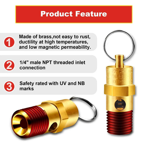 Two Pack Brass Pressure Relief Valves For Air Compressors One Quarter Inch NPT 200 PSI Safety And Check Valve Set features list