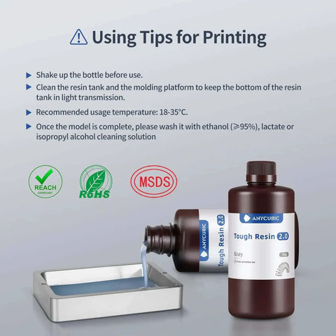 Tough 3D Printer Resin 2.0 bottle pouring resin into tray with usage tips shown, suited for LCD, DLP, SLA printers, 1kg.