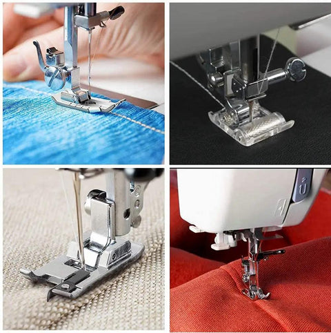 Fbshicung 13-piece metal presser feet set for household sewing machines; collage of front, side, close-up views.