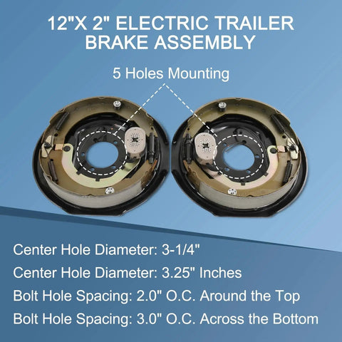 Pair of 12x2 inch electric trailer brake assemblies with five-hole mounting for 5,200–7,000 lb trailer axles