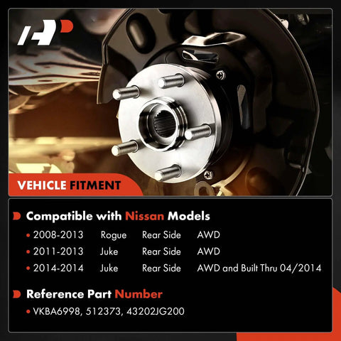 Close-up of two rear wheel bearing and hub assemblies with 5 lug pattern for Nissan Rogue 2008-2013 and Juke 2011-2014 AWD