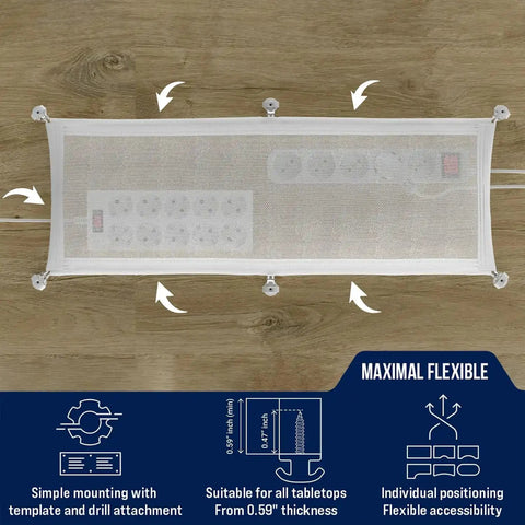 Top view of Under Desk Cable Management Net Flexible Wire Organizer Tray White, showing flexible mounting on wooden surface.