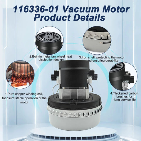 Vacuum cleaner motor, 120V, 5.7-inch diameter, 2-stage blower; copper winding, iron shell, gasket included