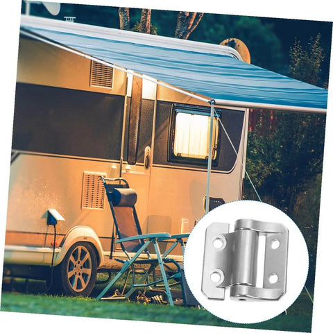 Image of a silver Thickened Zinc Alloy Cabinet Hinge With Damping For Residential Doors next to an RV.