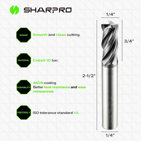 Carbide Square End Mill 1 Quarter Inch Shank 4 Flute CNC End Mills 5 Piece Set Heat Resistant For Alloy Steel Stainless Steel And Cast Iron Great For Precision Cutting And Smooth Finishes SHAPPRO showing product dimensions and features.