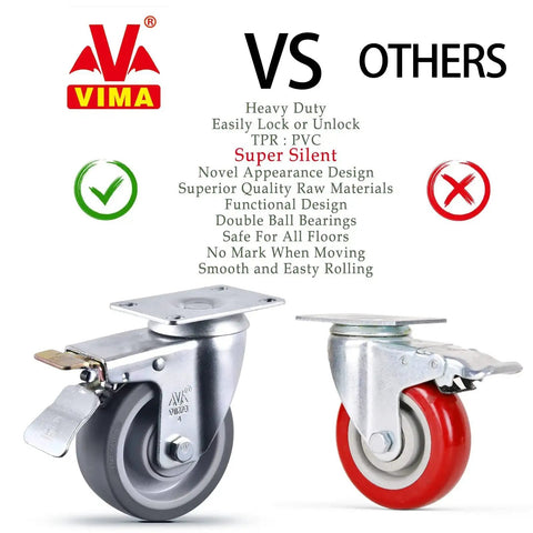 Front view of 4-inch heavy-duty caster wheels with brakes; set of 4, gray and red rubber wheels, metal mounting plates