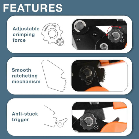 All Purpose Ratchet Crimping Tool for AWG 28 to 20 Wire Terminals with features: adjustable crimping force, smooth mechanism, anti-stuck trigger.