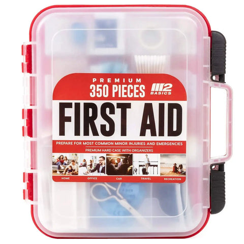 Professional 350 Piece First Aid Kit with wall mountable dual layer hard case for office home car vehicle and work use.