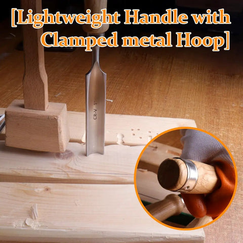 Pro Woodworking Chisel Set For Carving And Precision 4 Piece CR V Steel Chisels with lightweight wooden handle clamped in wood