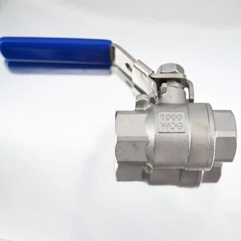 3/4 in stainless steel full-port ball valve with blue vinyl handle, locking device, stamped 1000 WOG.