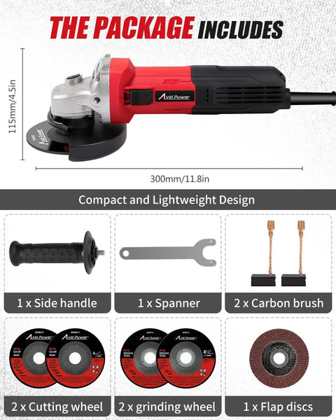 Angle Grinder Four And A Half Inch 7.5 Amp Electric Grinder With Grinding And Cutting Wheels Flap Disc And Auxiliary Handle Red