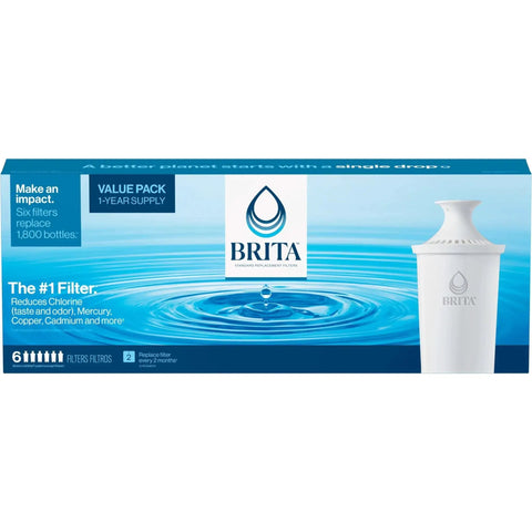 Standard Water Filter for Pitchers Reduces Chlorine Impurities Six Filters in a blue and white packaging with water ripple design.