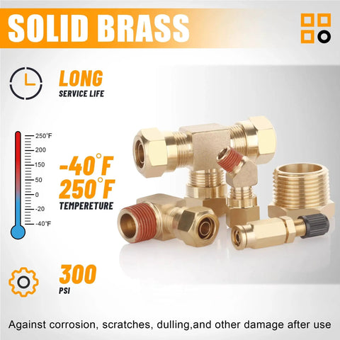 Brass DOT Air Brake Line Fittings Kit For Trucks And Industrial Systems Heavy Duty 109 Piece Assortment with temperature rating and pressure details