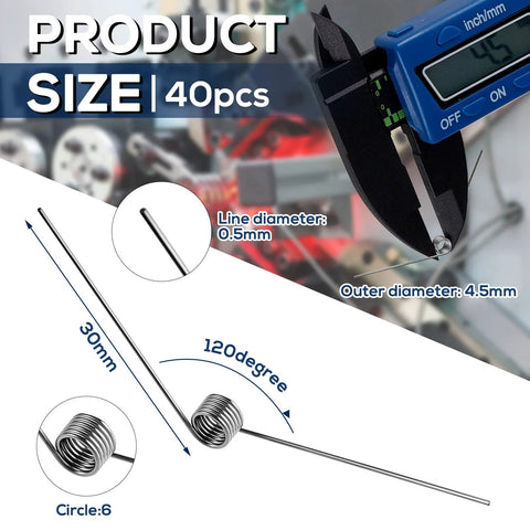 Tiny stainless steel torsion springs, 0.5mm wire, outer diameter 4.5mm, 40 pcs, 120° deflection