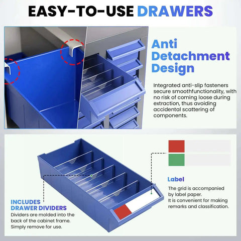 Close-up of blue drawers from Heavy Duty 75 Drawer Small Parts Organizer For Nuts, Bolts And Tiny Hardware, shown with dividers and labels.