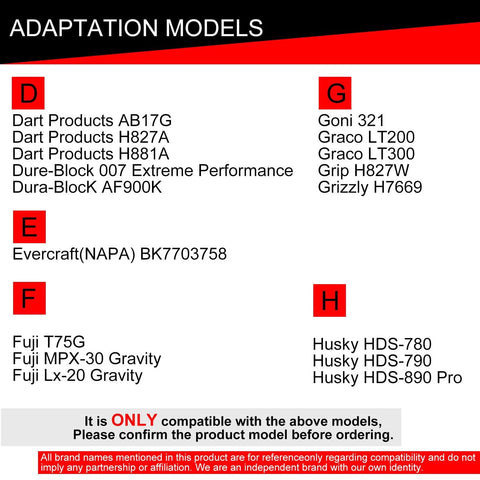 SOEOSSUM spray gun adapter, silver; adaptation models compatibility chart with Dart, Graco, Fuji, Husky models.