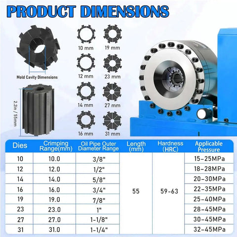 Diagram of Onsite Ready 10-31mm Hose Crimping Tool dimensions and crimping range with 8 die set, 70 MPa pressure, 600W power.