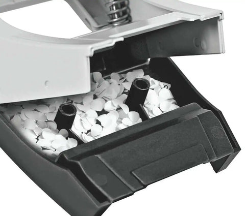 Close-up of Two Hole Punch for 30 Sheets, Metal Office Workhorse showing paper holes and collection drawer, Black NeXXt Range, ergonomic design.