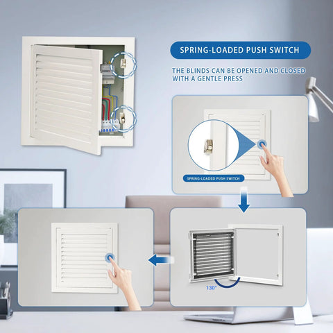 Access door panel for drywall, white aluminum vented with spring-loaded push switch, 13.5x13.5 outer, 12x12 inner.
