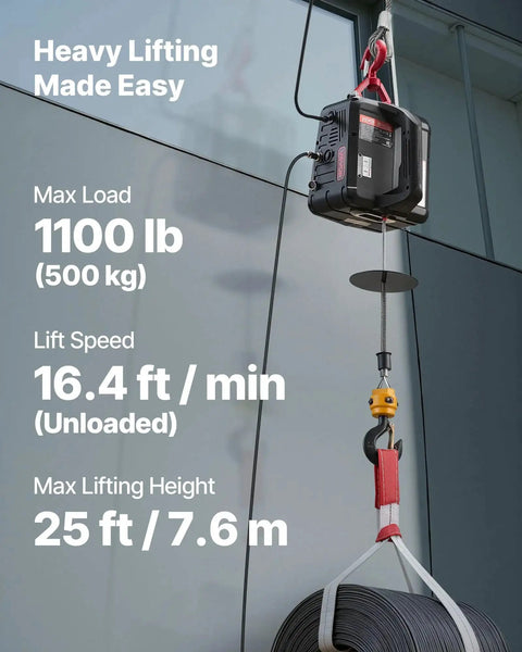 2 In 1 Electric Hoist Winch 1100 Lbs Capacity With 1500W Lift And 25 Ft Reach lifting a load with hook attached to a building
