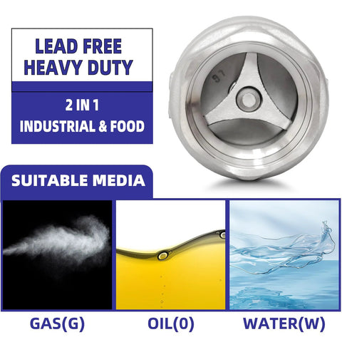 Stainless steel 1 in NPT spring check valve, inline vertical, lead-free, suitable for gas, oil, and water