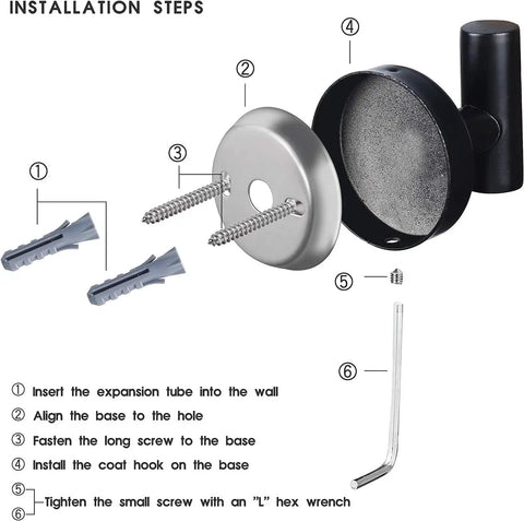 Installation steps for Four Pack Black Stainless Steel Towel Hooks Wall Mounted Heavy Duty Coat Robe Hanger including screws and anchors