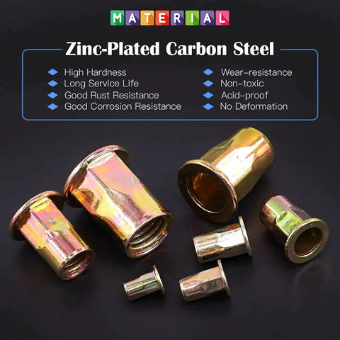 320Pcs Rivet Nut Assortment Kit M3 M4 M5 M6 M8 M10 M12 Half Hex Body Flange Rivet Nuts Zinc Plated Carbon Steel Flat Head Rivnut Set