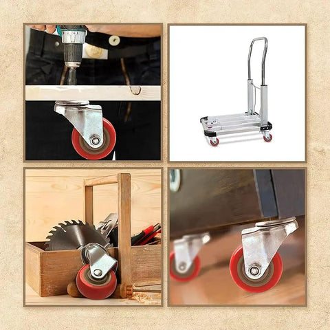 4 Pack Swivel Plate Stem Casters With Red Polyurethane Wheels, 3 Inch Wheel Diameter, installed on furniture and carts