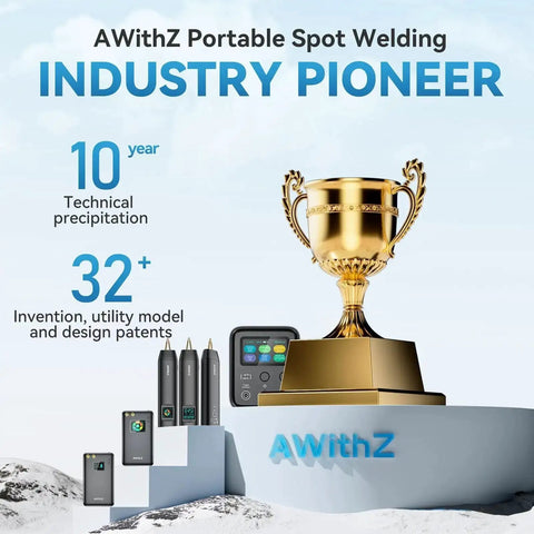 AWithZ portable spot welding trophy with product lineup highlighting 10 years of innovation and 32 design patents.