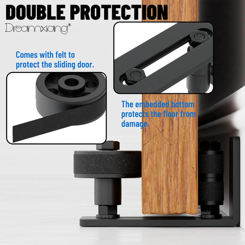 Sliding Barn Door Floor Guide With Wall Mount Stay Roller And Eight Setup Options Adjustable Flush Flat Bottom Door Guides Non Scratch Barn Door Hardware Kit With Felt Strips Two Pack, close-up view showing felt strips and roller details for protection.