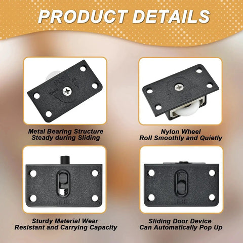 Close-up of four Two Sets Sliding Door Rollers Pulleys with Silent Nylon Wheels showing metal bearing structure and nylon wheel.