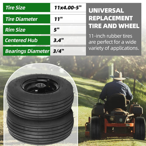 11x4.00-5 Tire And Wheel Assembly For Lawn Mowers And Turf Tractors With Tube 4 Ply shown, stacked with a lawn mower in use.