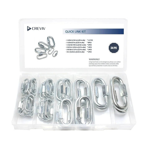 34-Piece Quick Link Kit With 6 Sizes In Carbon Steel Chain Connectors for DIY projects displayed in compartment case