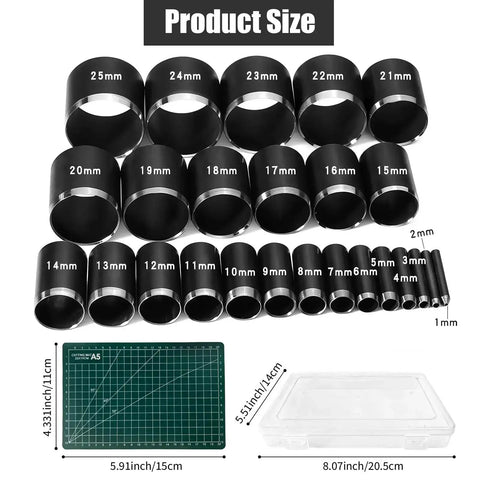 Leather Hole Punch Set 25-Piece With 1-25mm Hollow Punch Kit Includes A6 Cutting Mat And Storage Box Displayed in Product Size